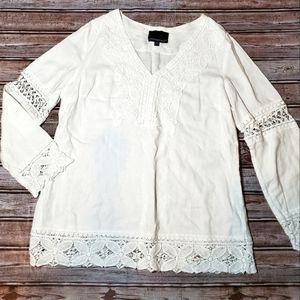 Cynthia Rowley Boho Ivory Linen Lace Tunic Top Medium EUC